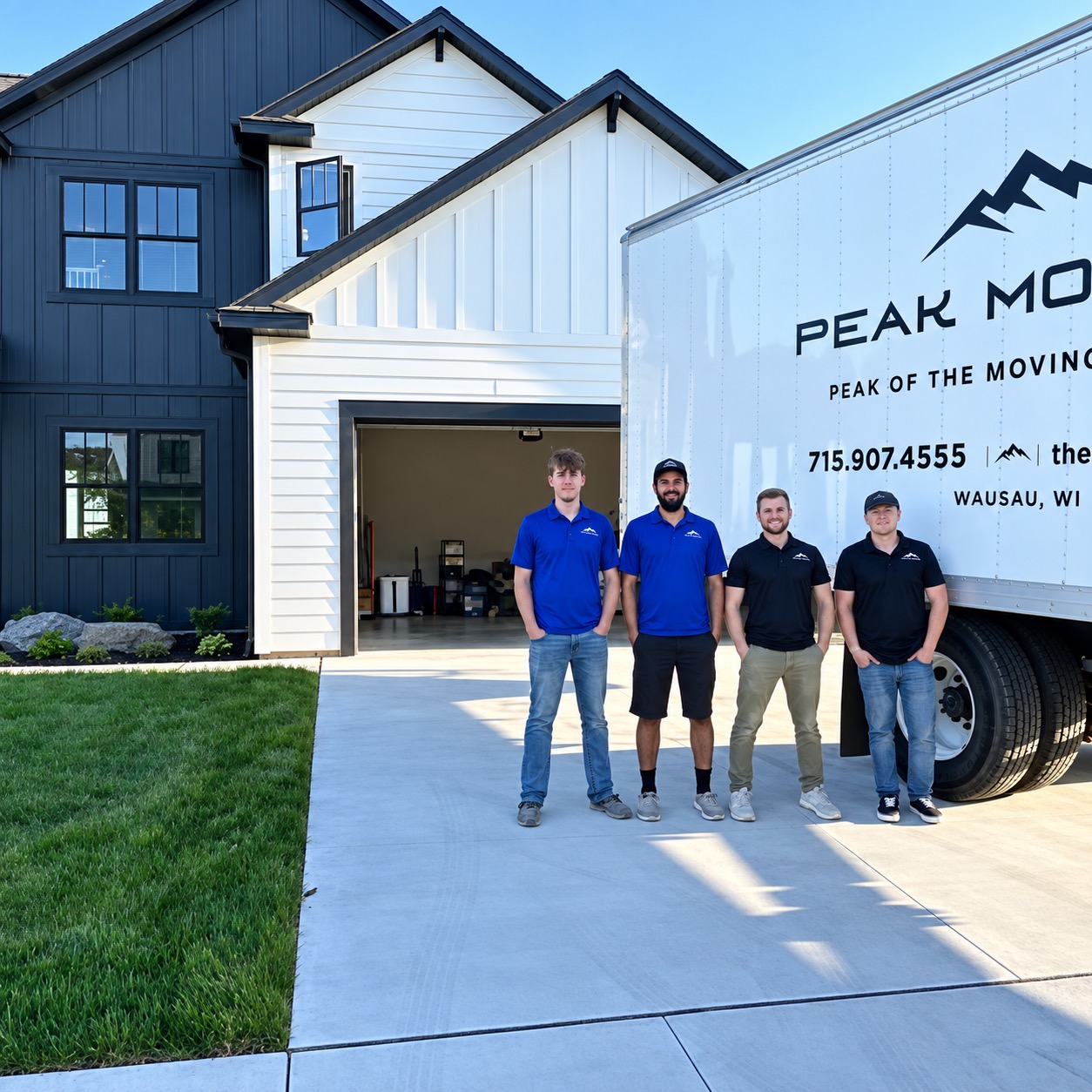 The Peak Movers crew standing together in front of their moving truck and a Wisconsin home