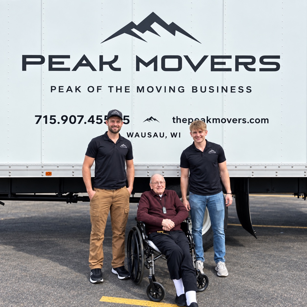Peak Movers crew standing with a senior customer beside the moving truck